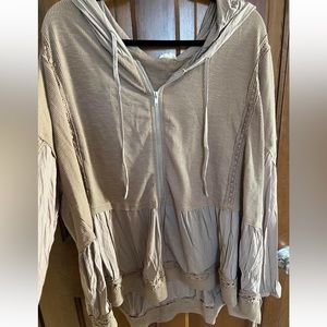 oversized hoodie zip up ballon sleeve with adjustable ties, brown/dusty rose